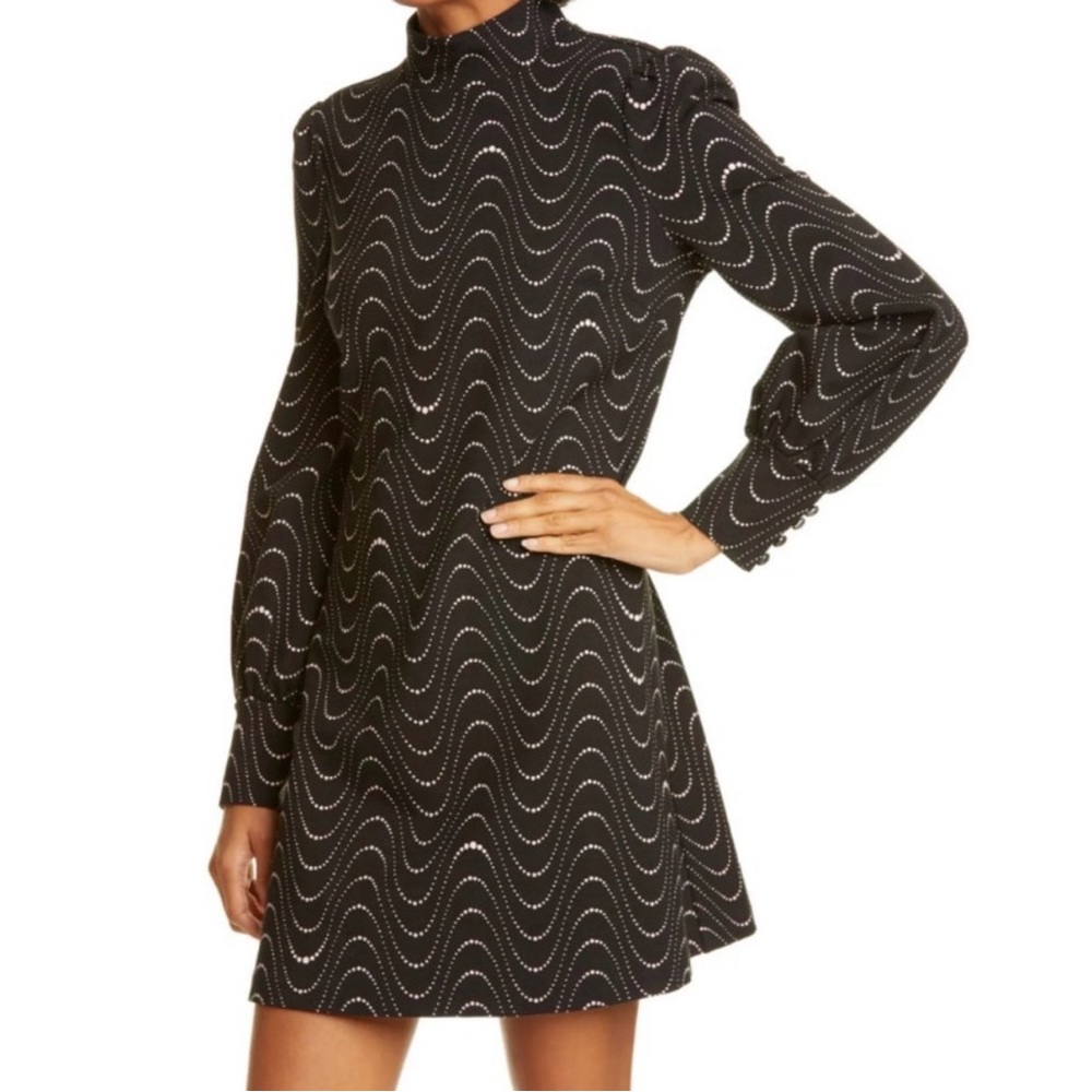 Kate Spade Black and White Wave Long Sleeve Shift Dress, Size Large